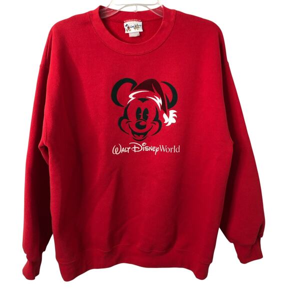 Walt Disney World Mickey Mouse Santa Hat Sparkle Red Sweatshirt Size Large - Picture 1 of 9